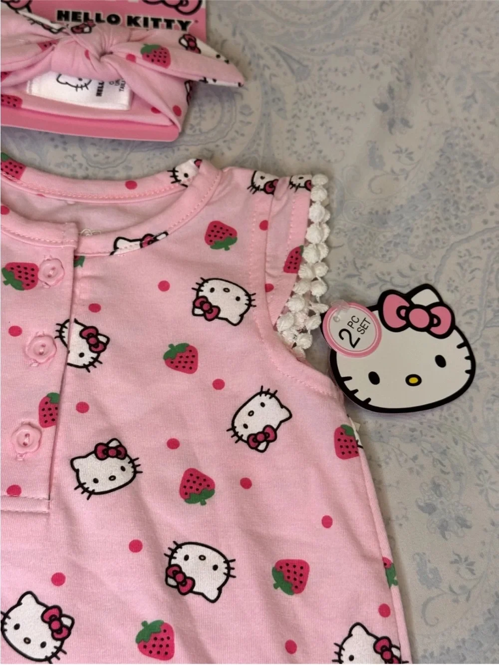 Hello Kitty Pink Strawberry Print Baby Girls' Pajama Romper with Headband